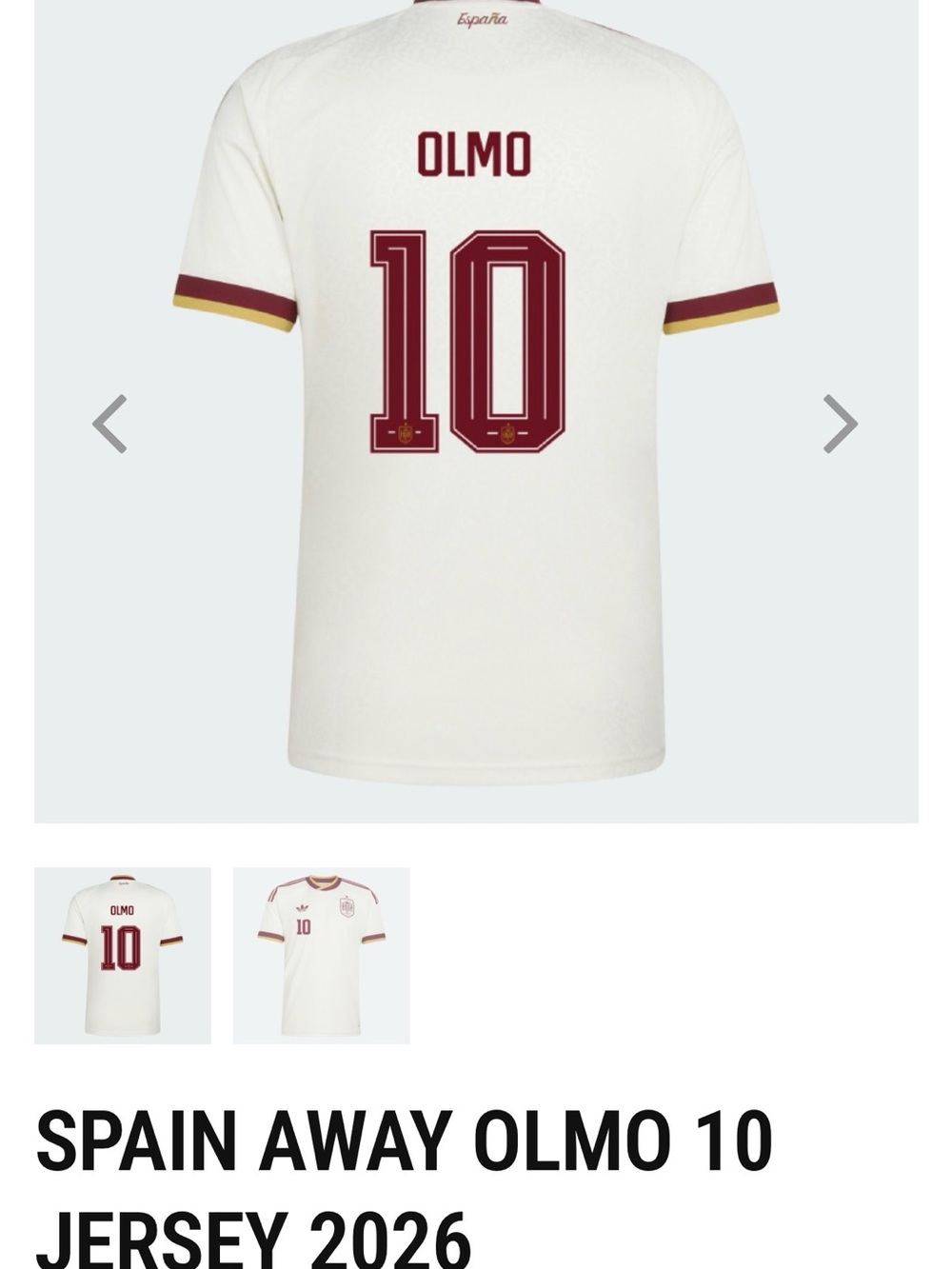 adidas Spain Kids Away Soccer Jersey in White with Maroon Accents
